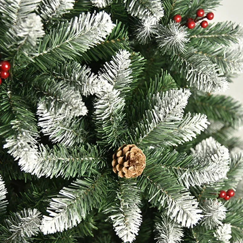 Para árvore de Natal nevosa tingida em PVC de 120 cm com pinhas e vermelha para decoração de shopping ou decoração de casa de Natal