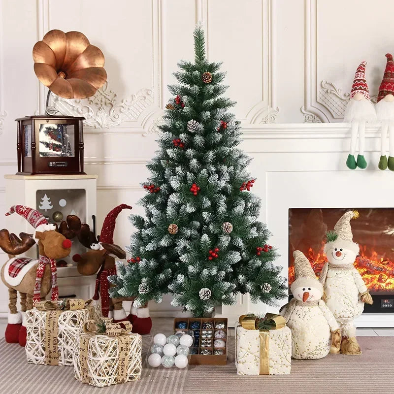 Para árvore de Natal nevosa tingida em PVC de 120 cm com pinhas e vermelha para decoração de shopping ou decoração de casa de Natal